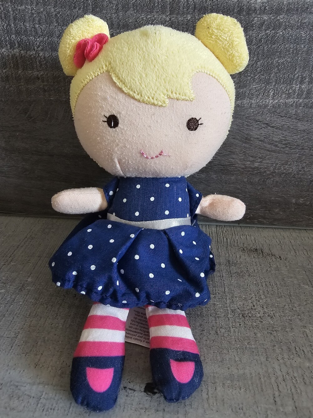 Carters Child of Mine Doll Rattle 8" Blond Polka Dot Dress Stuffed Toy Lovey
